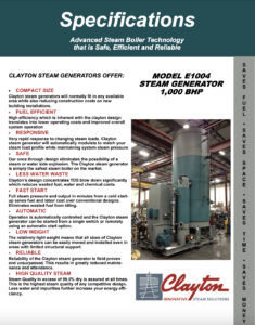 Model E1004, 1000 BHP Steam Generator Specifications